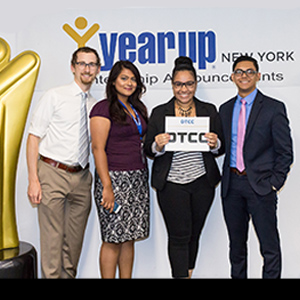 Aaron Schutzengel, Year Up Director of Program Quality and Delivery, Fatema Khandaker, DTCC Intern Candidate, Tiffany Rodriguez, DTCC Intern Candidate, and Ilner Garcia, DTCC Intern Candidate