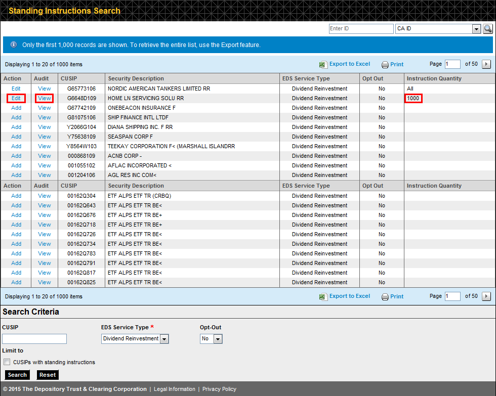 Adding CUSIPLevel Standing Instructions for Dividend Reinvestments