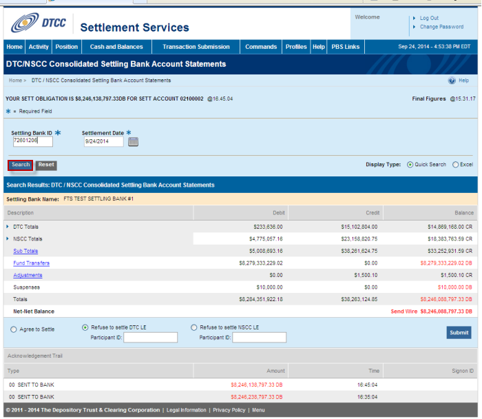 Dtc/Nscc Consolidated Settling Bank Account Statements