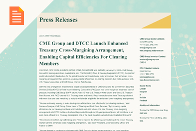 CME Group and DTCC Launch Enhanced Treasury Cross-Margining Arrangement